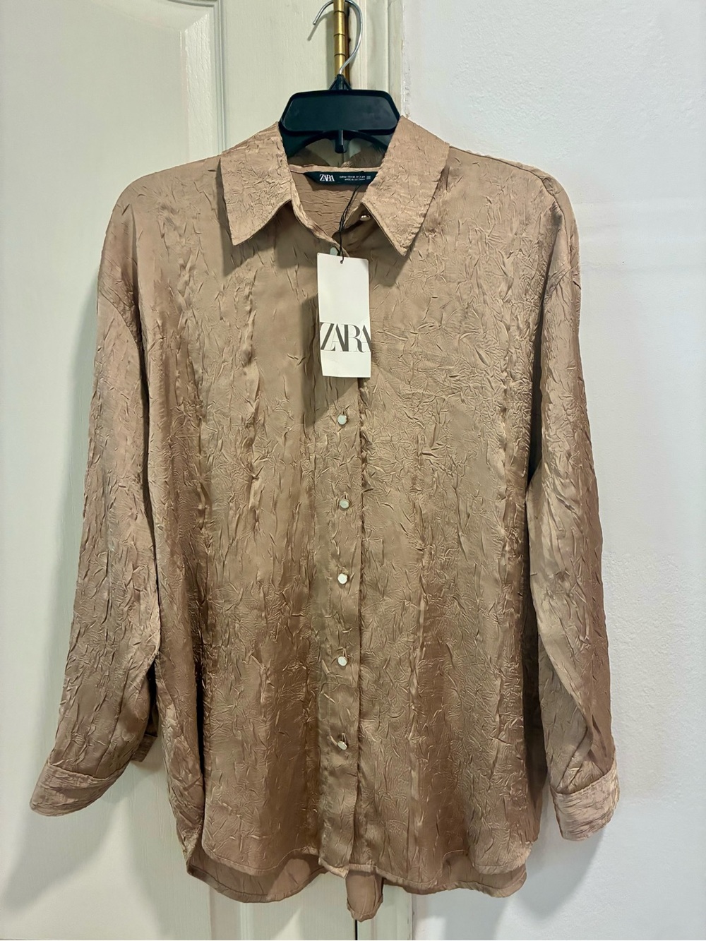 Zara Crinkle Button-Down Shirt Medium New